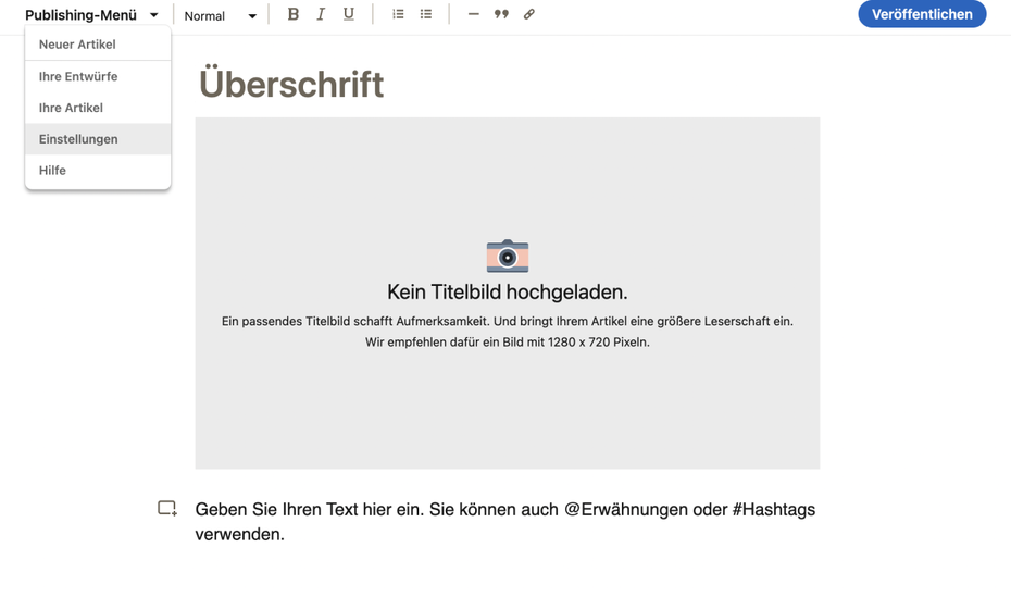 Die Möglichkeit, einen SEO-Titel und eine Beschreibung für deinen Linkedin-Artikel einzutragen, findest du im Publishing-Menü unter dem Reiter „Einstellungen”. 