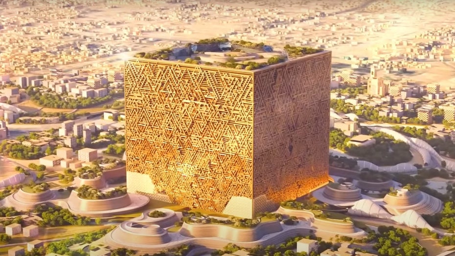 Mukaab: Riesiger VR-Würfel in Riads Zentrum. (Screenshot: Youtube/New Murabba) Mukaab VR-Würfel Riad