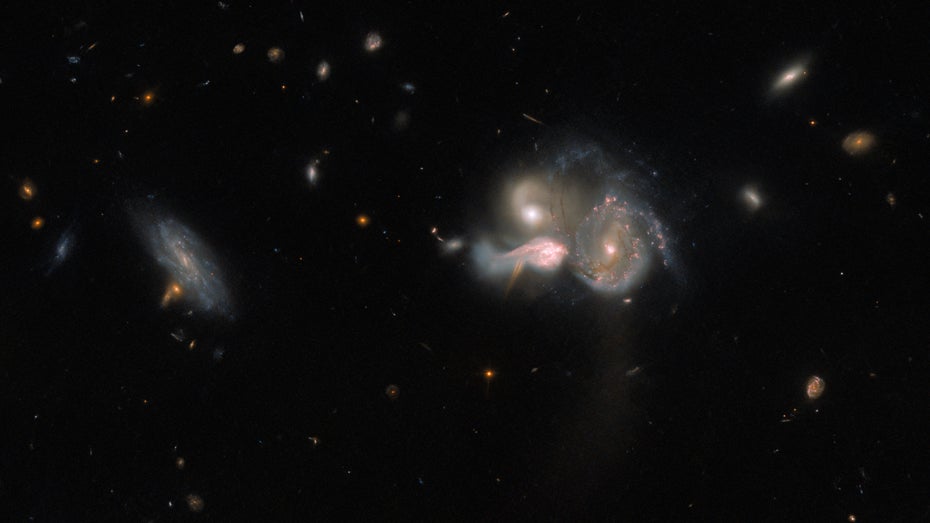 Hubble hat ein Foto von drei verschmelzenden Galaxien geschossen. Sie könnten zur hellsten Galaxie im Cluster heranreifen. (Foto: Esahubble) Hubble schießt spektakuläres Foto von verschmelzenden Galaxien