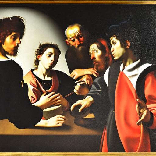 Callin'Matt Kunstwerk mit der Suchabfrage „Die Berufung des heiligen Matthäus Gemälde Michelangelo Merisi da Caravaggio, futuristic, cartoon“. (Bild: Callin'Matt / t3n)