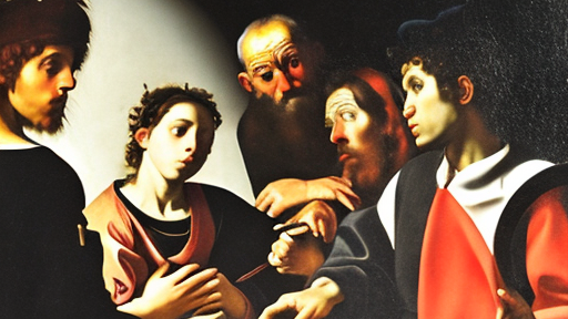 Callin'Matt KI-Kunstwerk mit der Suchabfrage „The Calling of Saint Matthew art Michelangelo Merisi da Caravaggio, futuristic, cartoon“. (Bild: Callin'Matt / t3n) Dall-E-Konkurrenz: So funktioniert der Text-zu-Bild-Generator Callin’Matt