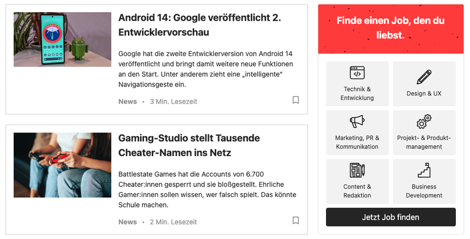 Screenshot der t3n-Startseite – das Original zum übersetzten Bild. 