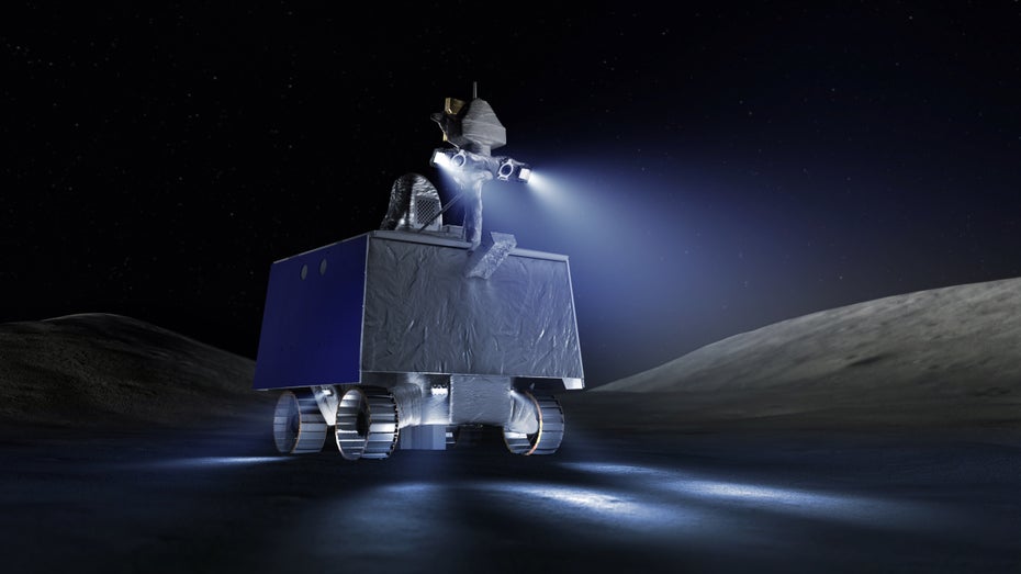 Der Mondrover Viper stammt von der Nasa, Lander und Rakete von kommerziellen Raumfahrtunternehmen. (Illustration: Nasa/Daniel Rutter) Viper: Nasa fängt mit dem Bau des Mondrovers an