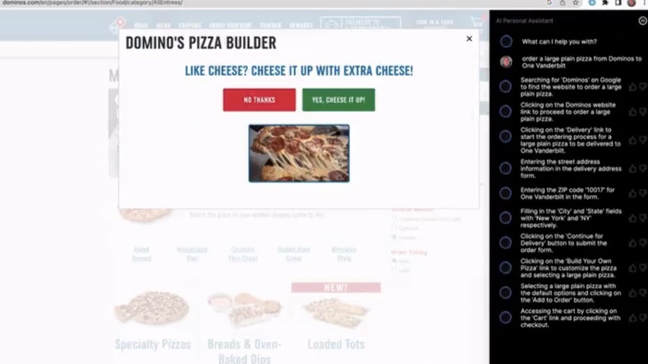 Die KI bestellte Pizza im Internet und kannte die Käse-Vorlieben ihres Besitzers. (Screentshot: HyperWrite/ t3n.de) Hyperwrite: Diese KI kann für dich im Internet surfen