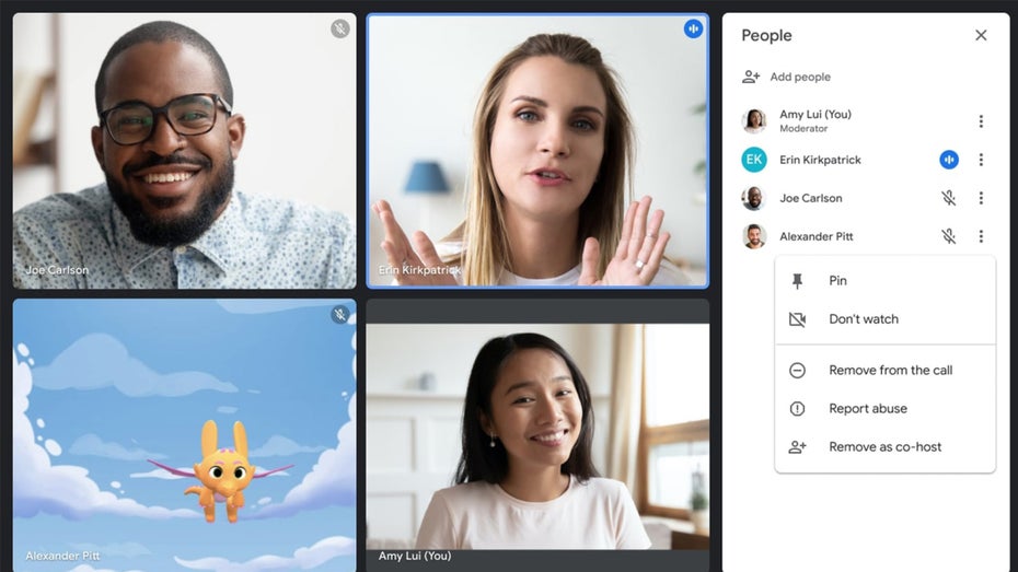 Einzelne Feeds lassen sich abschalten. (Foto: Google) Mehr Kontrolle in Google Meet: Einzelne Sprecher lassen sich pausieren