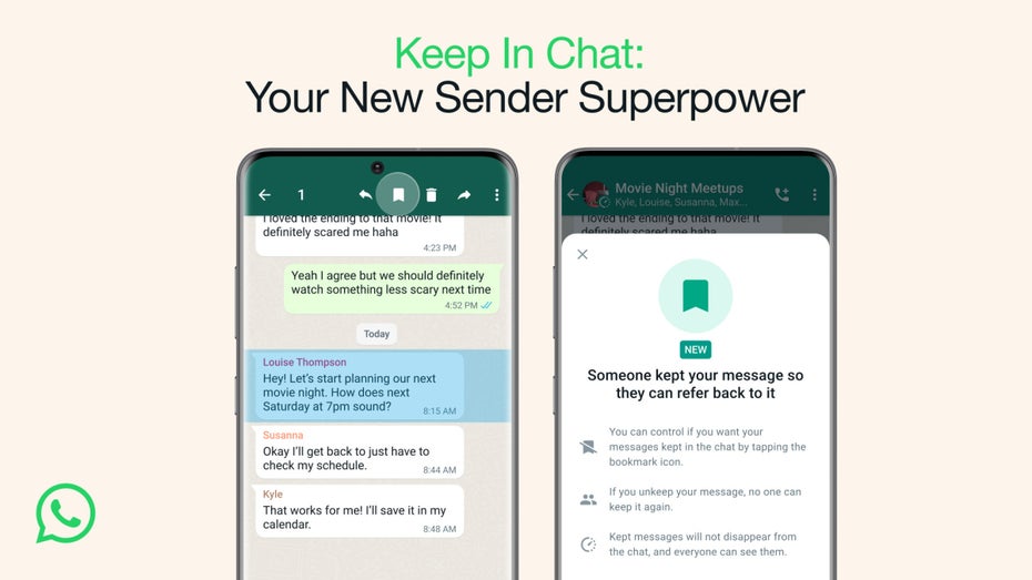 Selbstlöschende Nachrichten können gespeichert werden. (Bild: Whatsapp) Whatsapp: Neue Funktion erlaubt das Speichern selbstlöschender Nachrichten