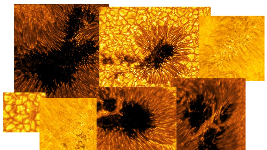 Eine Collage der Sonnenaufnahmen. (Credit: NSF/Aura/NSO) Sonnenflecken im Bild: Teleskop auf Hawaii liefert seltsame Sonnenbilder