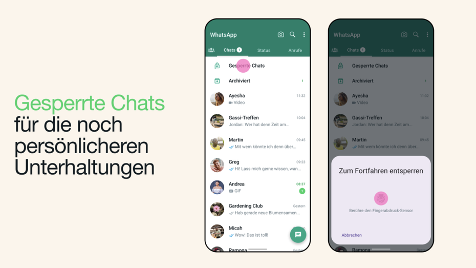 Der Ordner „Gesperrte Chats“ wird oberhalb der regulären Chats angezeigt und muss per Pin-Code oder Fingerabdruck entsperrt werden. (Bild: Whatsapp) Ordner „Gesperrte Chats“ bei Whatsapp. (Bild: Whatsapp)