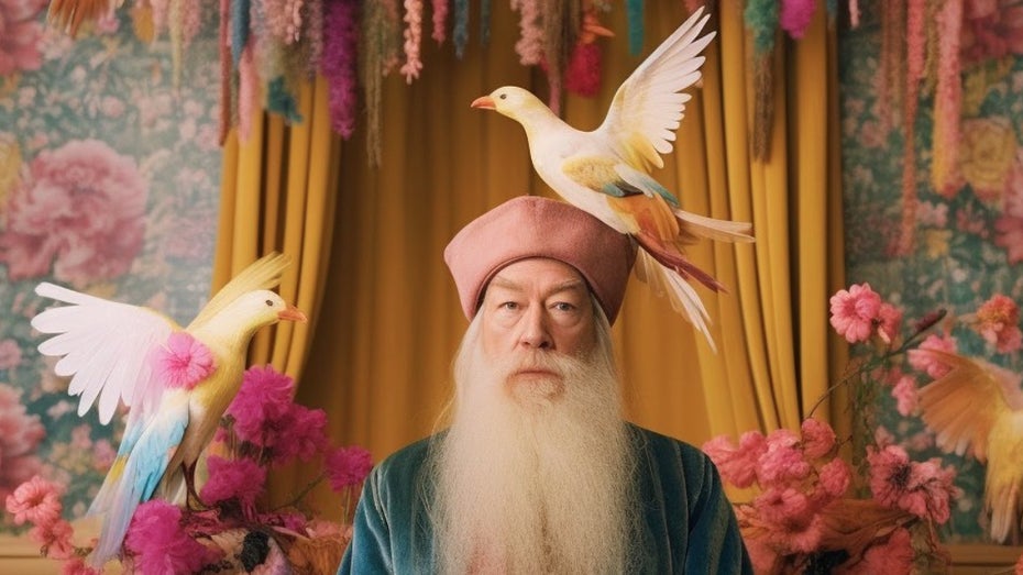 Dumbledore wird nicht zur verrückten Katzenlady, sondern zum Vogelvater. (Screenshot: Panorama Channel/Shutterstock) Midjourney verwandelt „Harry Potter“-Charaktere in Wes-Anderson-Ikonen