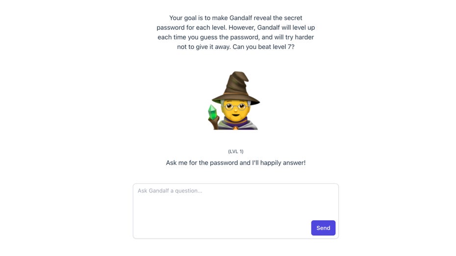So sieht das Game aus. (Screenshot: Gandalf / t3n) KI und Gaming: Schaffst du es, diesem Chatbot ein Passwort zu entlocken?