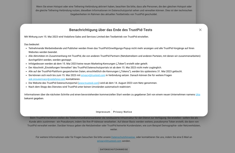 Ein Pop-Up-Banner erklärt in Stichpunkten das Ende des Trustpid-Tests