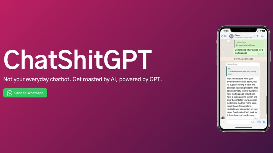ChatshitGPT: Pöbel-Chatbot für Whatsapp. (Bild: chatshitgpt.co.uk) ChatshitGPT Pöbel-Chatbot Whatsapp