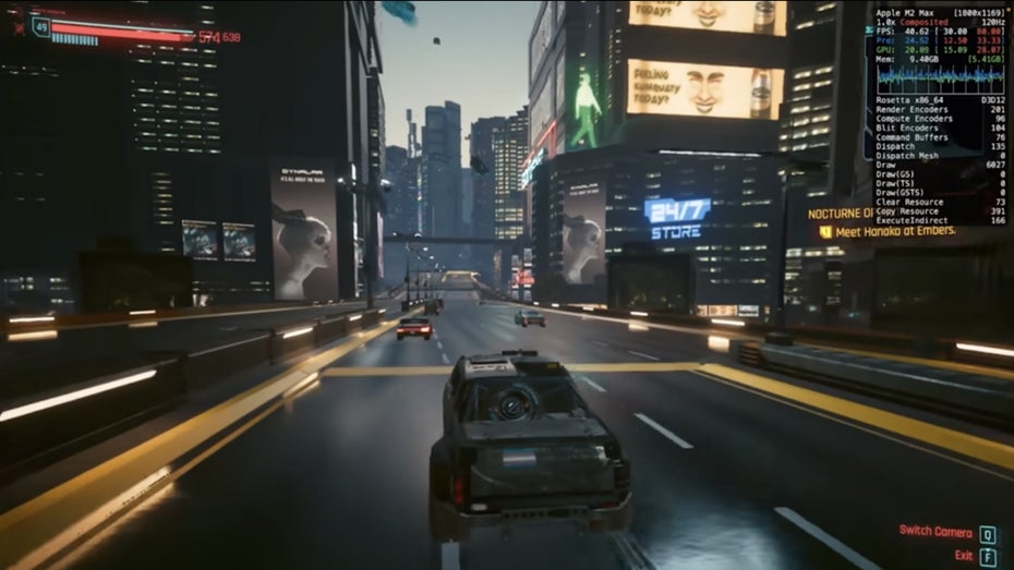 „Cyberpunk 2077“ läuft hier auf einem Mac mit M2 mit flüssigen 40 Frames pro Sekunde und 120 Hertz bei einer Auflösung von 1.800 mal 1.169 Pixeln. (Screenshot: Dave2D/ t3n) Windows-Spiele auf dem Mac: Apples Porting-Tool für DirectX zeigt erste Erfolge