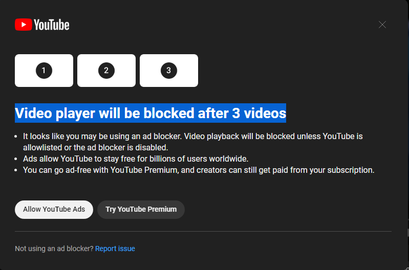 Screenshot eines Reddit-Users über den Hinweis von Youtube, dass man bei der Nutzung eines Ad-Blockers nach drei Videos blockiert wird