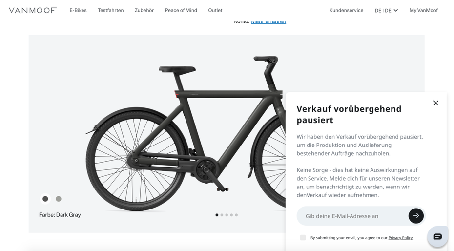 Screenshot von der Vanmoof Webseite