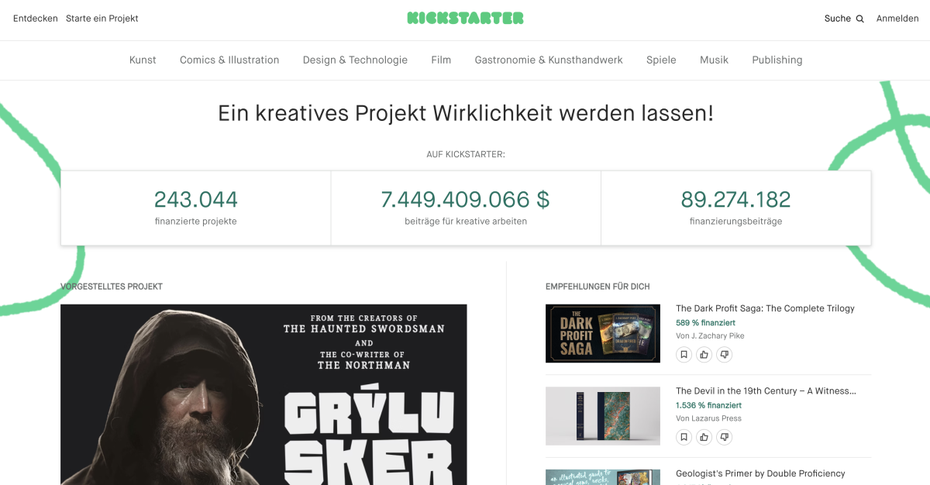 Die Startseite der Crowdfunding-Plattform Kickstarter
