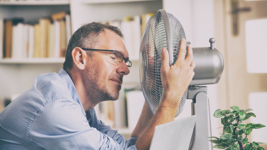 Hitze im Büro: Mit Ventilatoren allein ist es nicht getan. Kommt die Siesta? (Foto: Monika Wisniewska/Shutterstock) Sommer Hitze Büro Ventilator Siesta