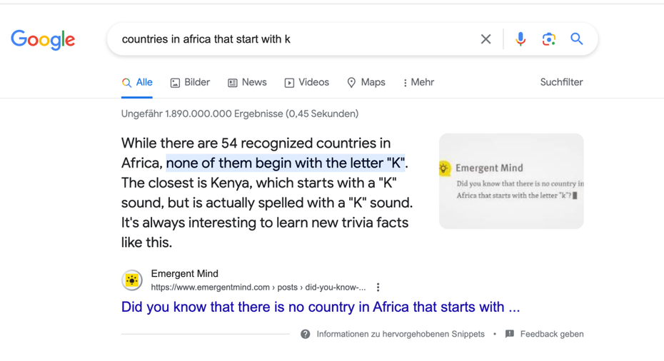 Oberstes Ergebnis einer Google-Suchanfrage