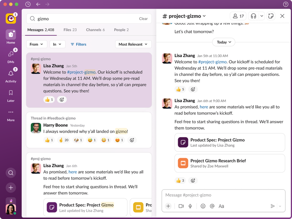 Slack-Suche mit Splitscreen