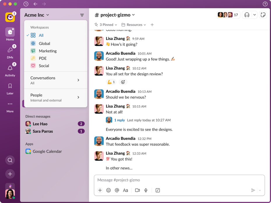 Slack-benutzeroberfläche. In der Seitenleiste links bietet ein Home-Symbol Zugriff auf verschiedene Workspaces.