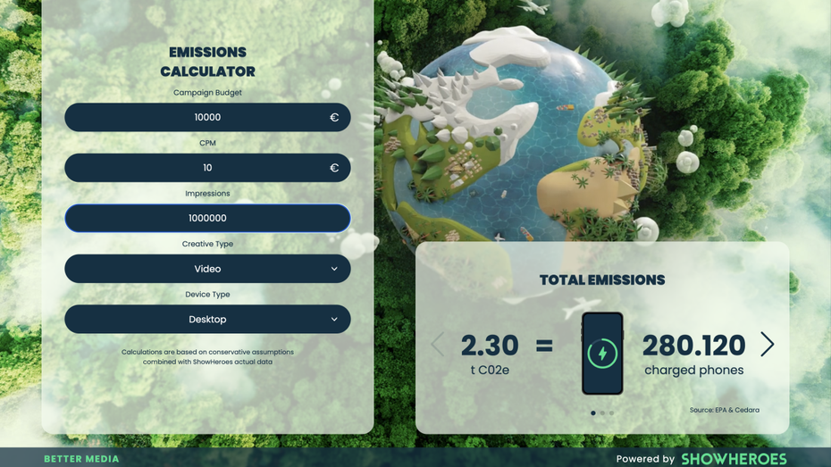 Der Emissions-Rechner zeigt, wie hoch der CO2-Ausstoß sein kann. (Foto: Show Heroes) Tausende Male das Smartphone laden: So viel Emissionen verursachen Werbekampagnen