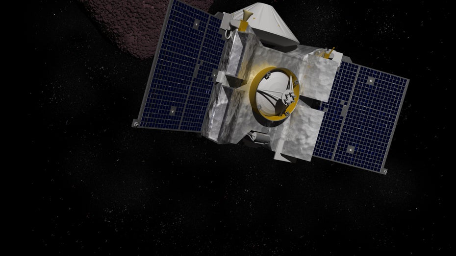 Osiris Rex hat Gesteinsproben vom Asteroiden Bennu genommen und kehrt jetzt zur Erde zurück. (Illustration: Raymond Cassel/Shutterstock) Osiris Rex: Teleskop macht Bild von Sonde, die Proben vom Asteroiden Bennu zurückbringen soll
