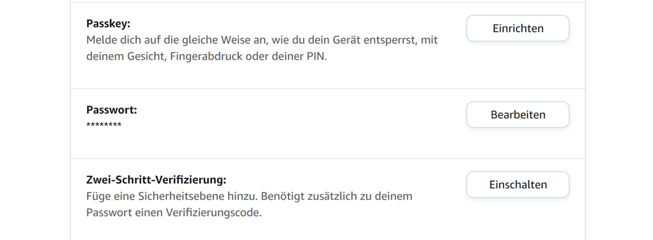 So sieht die Passkeys-Option auf Amazon aus