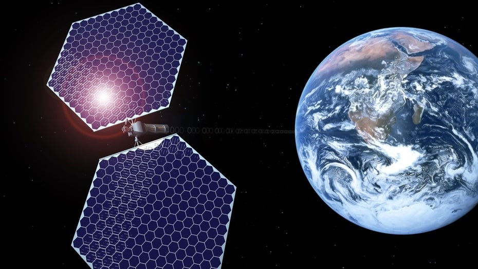 So könnte eine Solaranlage im All aussehen. (Illustration: andrey_l/Shutterstock) Solaranlage All Erde