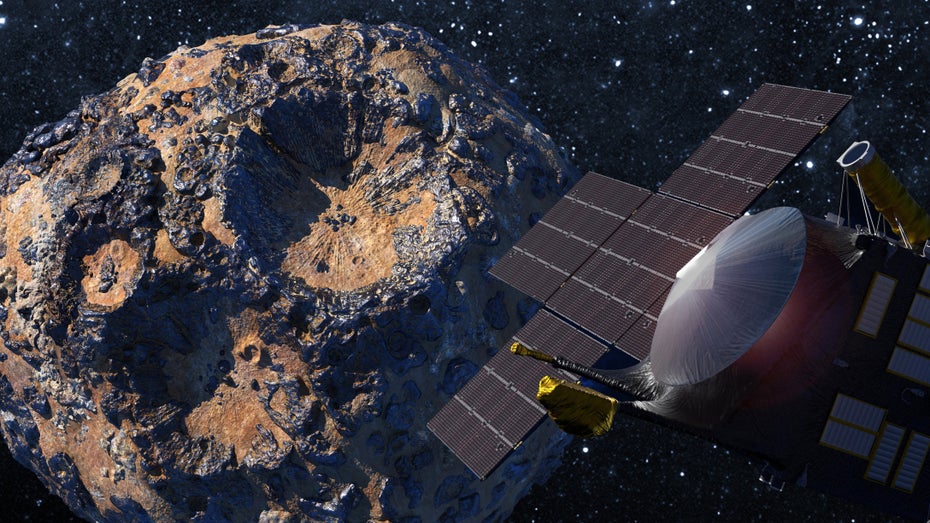 Psyche: Raumsonde erkundet metallreichen Asteroiden. (Illustration: Nasa/JPL-Caltech/ASU) Psyche Raumsonde Asteroid