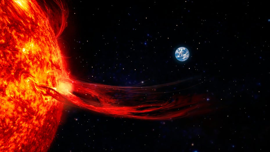 Sonnenstürme können Infrastruktur auf der Erde zerstören. (Lia Koltyrina, Nasa/Shutterstock) Sonnenstürme Erde