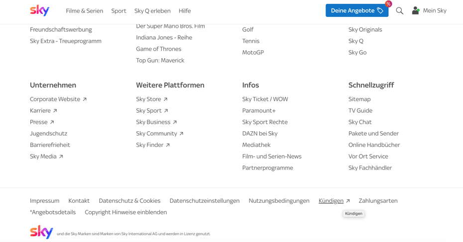 Screenshot der Sky-Homepage