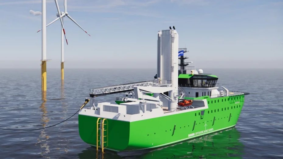 Dieses Elektroschiff lädt seine Akkus direkt an Offshore-Windrädern