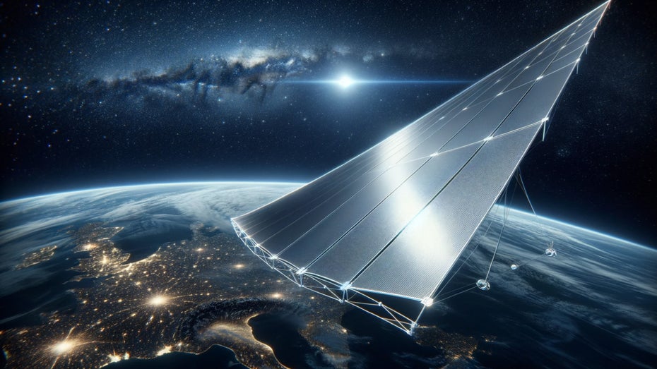 So ähnlich könnte das Sonnensegel aussehen. (Foto: Dall‑E 3 / t3n) Ein 1 Million Quadratkilometer großer Sonnenschirm im All soll das Klima retten