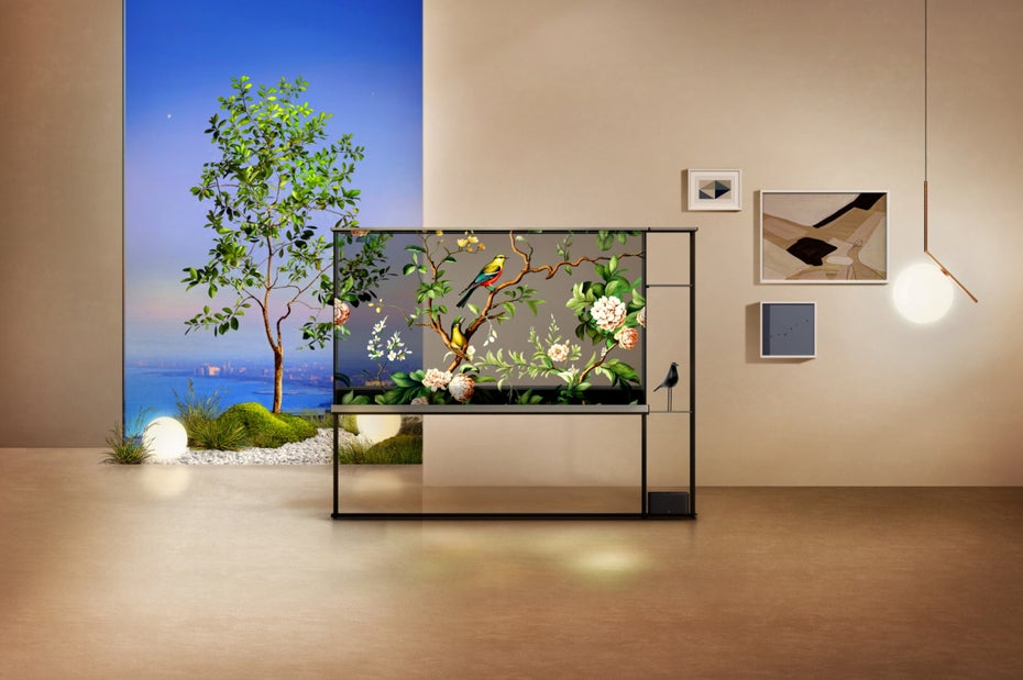 Der transparente Bildschirm von LG soll sich schön in das Wohnzimmer integrieren.