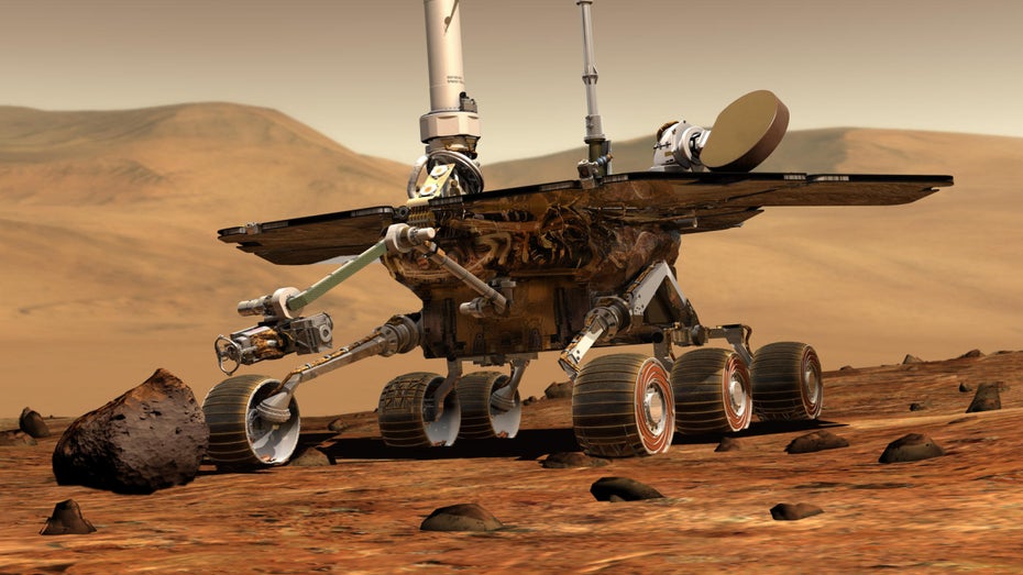 Der Marsrover Opportunity: Sollte in 92 Tagen auf dem Mars 600 Meter weit fahren. Fuhr in 15 Jahren über 45 Kilometer weit. (Illustration: Nasa/ JPL-Caltech) 20 Jahre Rover auf dem Mars – und wie sie die Forschung voran brachten