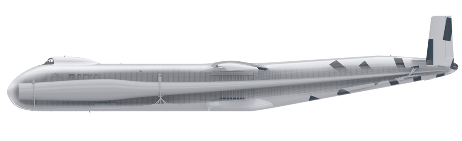Darstellung eines Querschnitt des Windrunner-Flugzeugs. Im Inneren ein Rotorblatt einer Windkraftanlage.