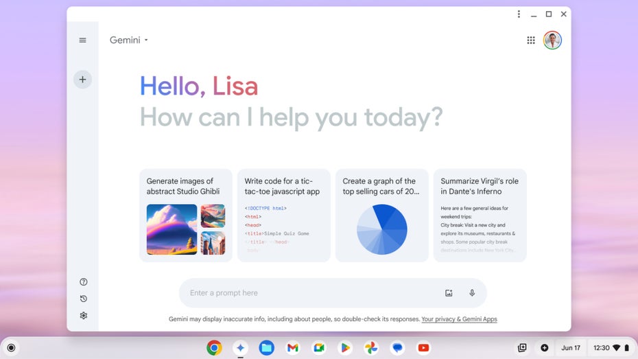 Ein Screenshot der Gemini-App aus ChromeOS.