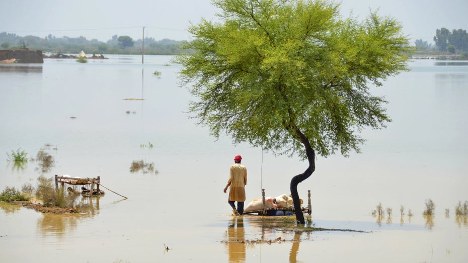 Im vergangenen Sommer stand ein Drittel von Pakistan zeitweise unter Wasser. Hier ein Bild vom August 2022 aus Jaffarabad im Südwesten des Landes. Auch diese Form der Wetterextreme dürfte zunehmen. Foto: picture alliance / ASSOCIATED Hochwasser und Dürren: Warum der Klimawandel nicht die einzige Ursache ist