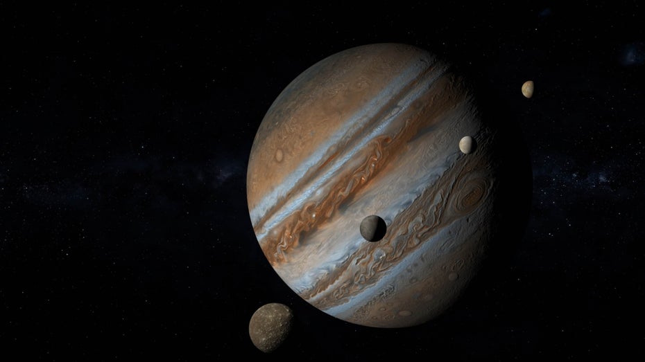 Dorthin ist die Esa-Sonde Juice unterwegs: Zum Jupiter und seinen vier Galileischen Monden. (Bild: SN VFX/Shutterstock) ESA-Jupitersonde Juice gelingen diese spektakulären Aufnahmen vom Mond