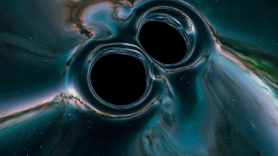 Zwei Schwarze Löcher verschmelzen. (Illustration: Dabarti CGI/Shutterstock) Schwarze Löcher verschmelzen
