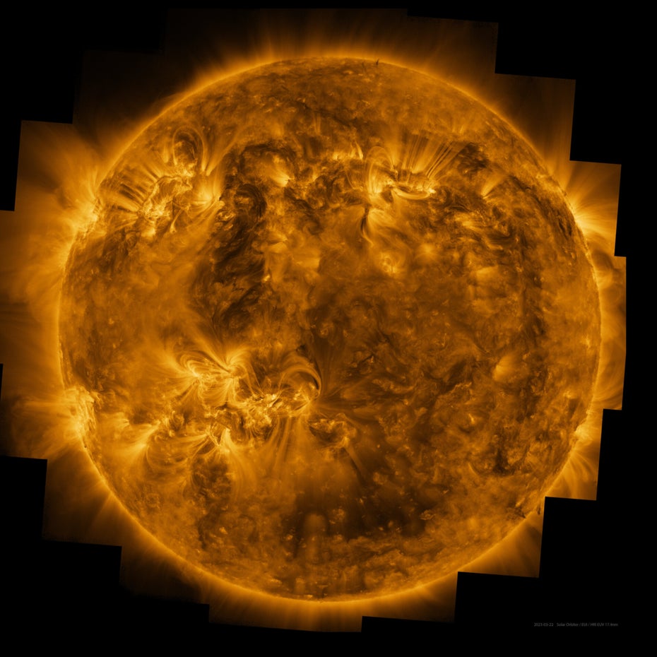 Die Sonne und ihre Korona im UV-Licht. (Eine Bewegungskarte der Sonne (links) und eine Karte ihrer Magnetfelder (rechts). (Bild: ESA & NASA/Solar Orbiter/PHI & EUI teams; Data processing: J. Hirzberger (MPS) & E. Kraaikamp (ROB))