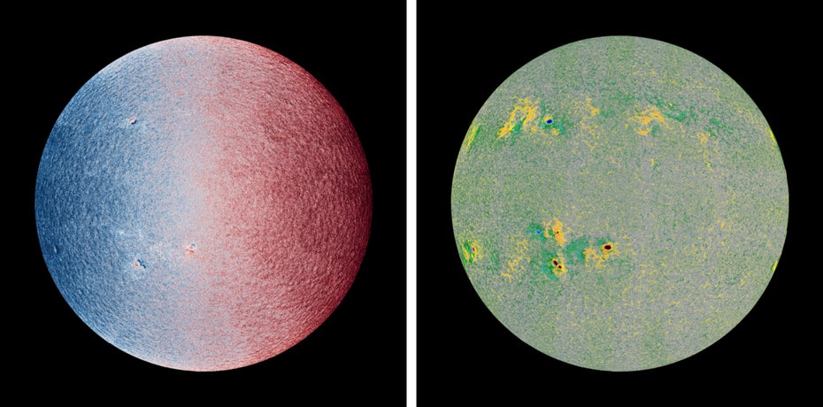 Eine Bewegungskarte der Sonne (links) und eine Karte ihrer Magnetfelder (rechts). (Bild: ESA & NASA/Solar Orbiter/PHI & EUI teams; Data processing: J. Hirzberger (MPS) & E. Kraaikamp (ROB))