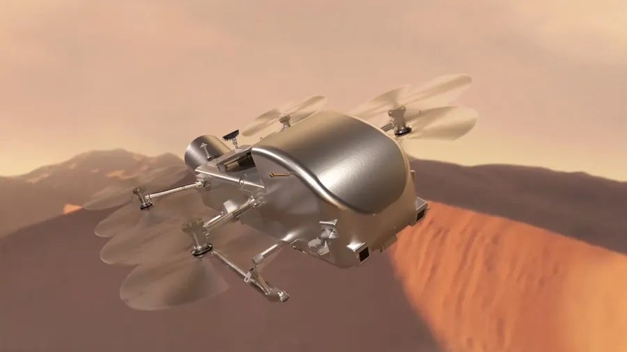 Dragonfly: Atomhelikopter soll Titan nach Lebenszeichen absuchen. (Künstl. Darst.: Nasa/Johns Hopkins APL/Steve Gribben) Dragonfly Titan Nasa