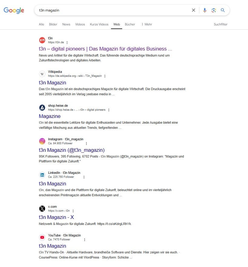 Captura de tela da página de resultados do Google filtrada pela “web” para o termo de pesquisa “revista t3n”.