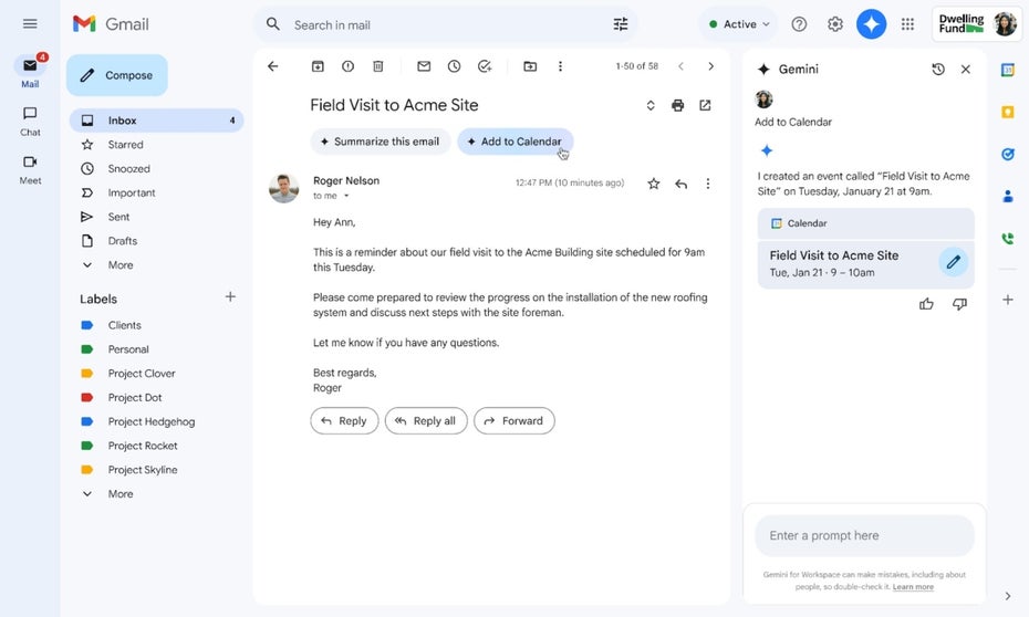 Ansicht der neuen Kalnderfunktion in Gmail