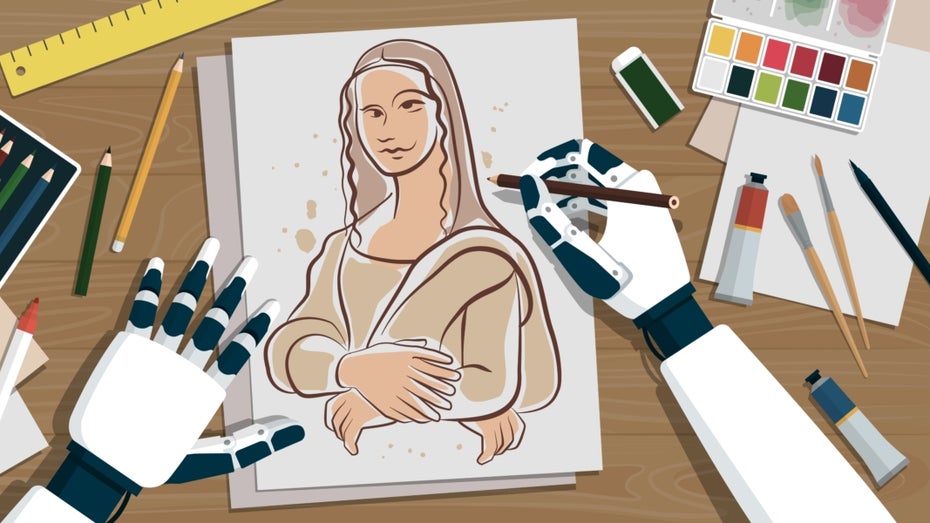 Eine Roboterhand zeichnet eine schiefe Version der Mona Lisa