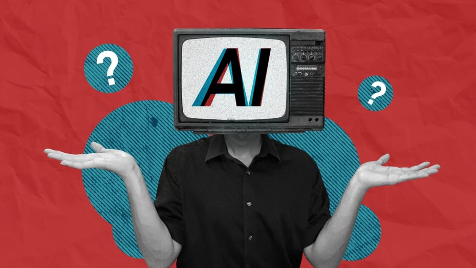 Das KI-Tool Manus ist gehyped, scheitert aber an echter Autonomie. (Bild: Shutterstock / Collagery) Ein Mensch mit Fernseherkopf, auf dem AI steht, ist verwirrt