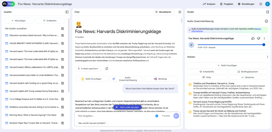 Screenshot des Interface von NotebookLM