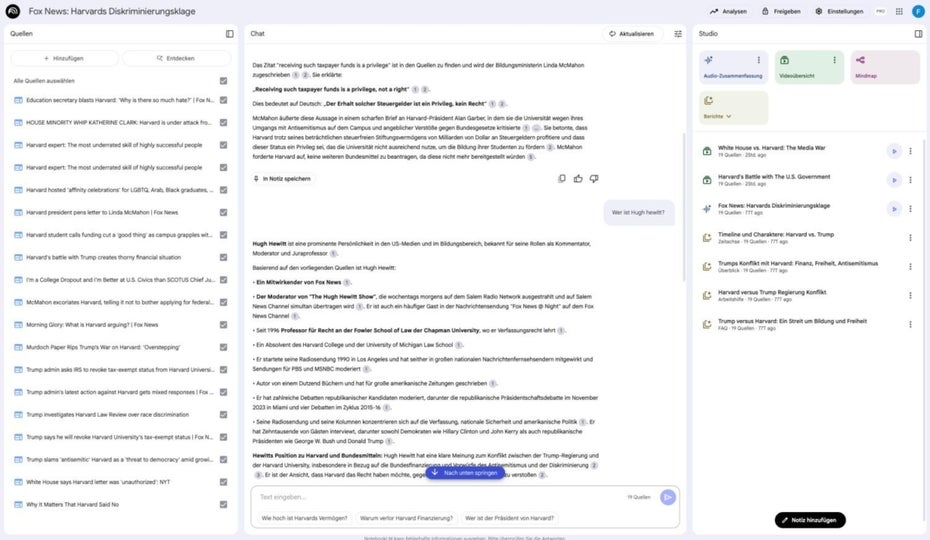 Ein Screenshot des Interfaces von NotebookLM